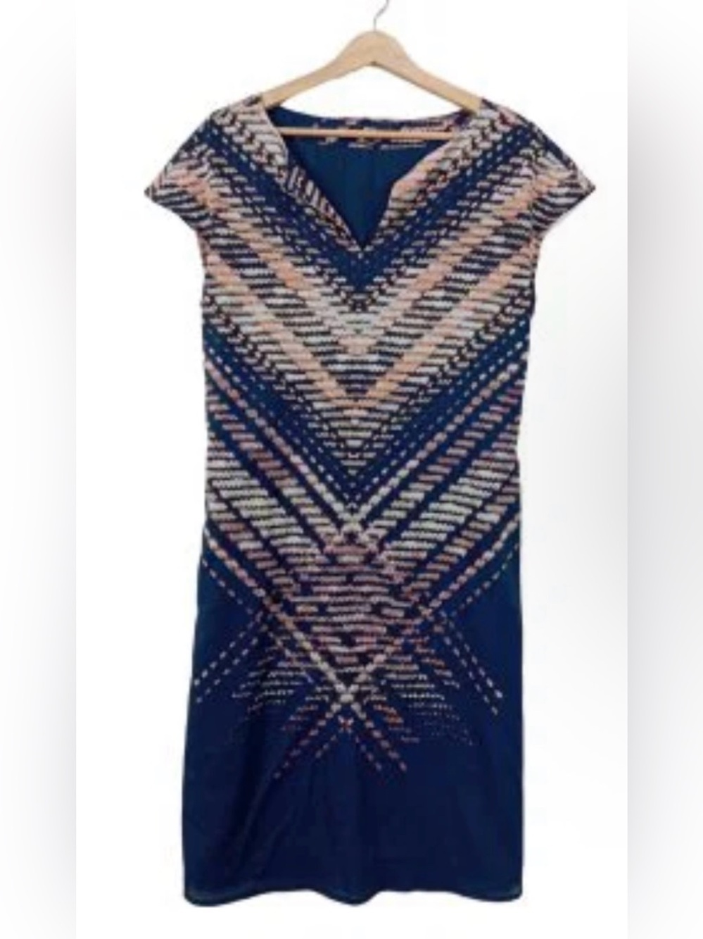 Mexx Summer Dress Chevron Geometric Quirky Navy Blue Pink Striped Lined Size 2